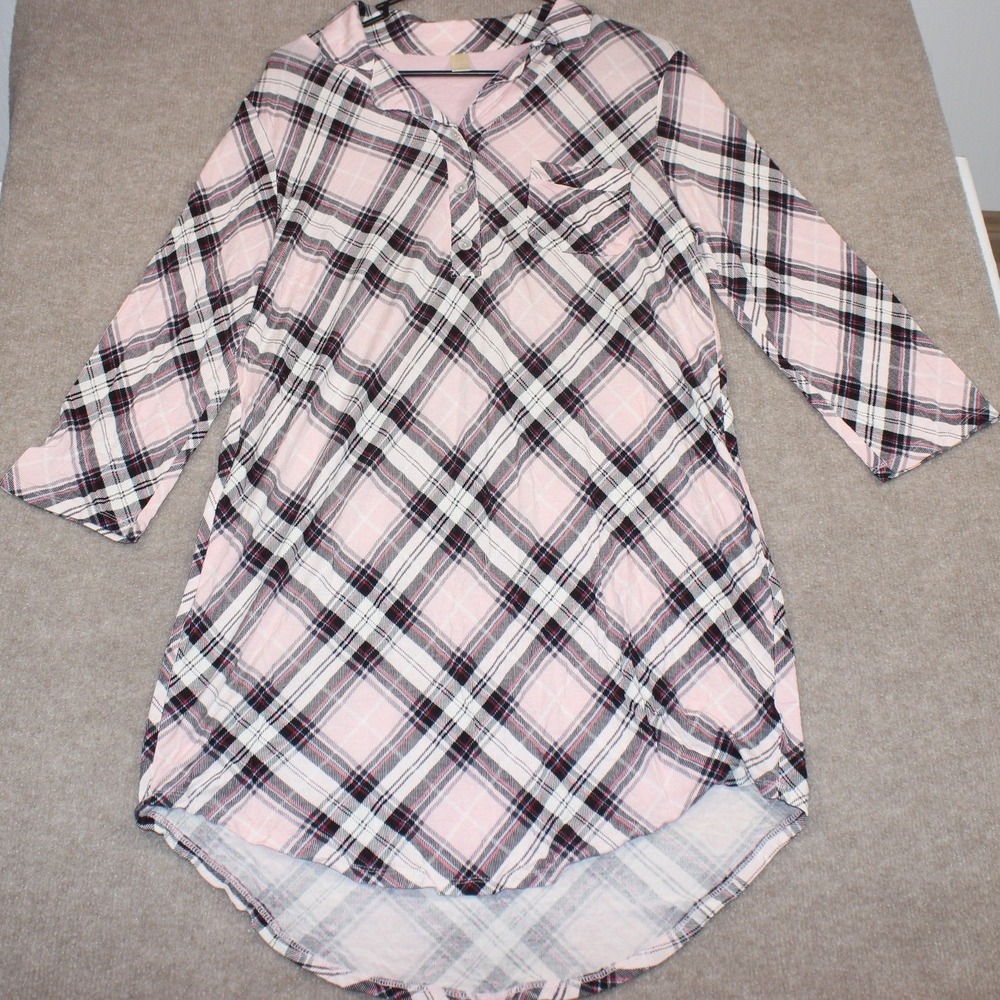 C. Est. 1946 Pink Black Plaid Sleep Shirt Nightgown 3/4 Sleeve Small